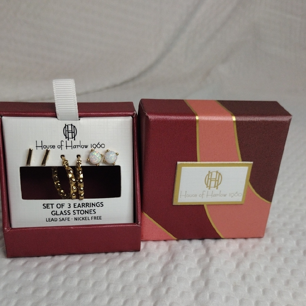 House of Harlow 1960 Gold and White Set of 3 Earrings